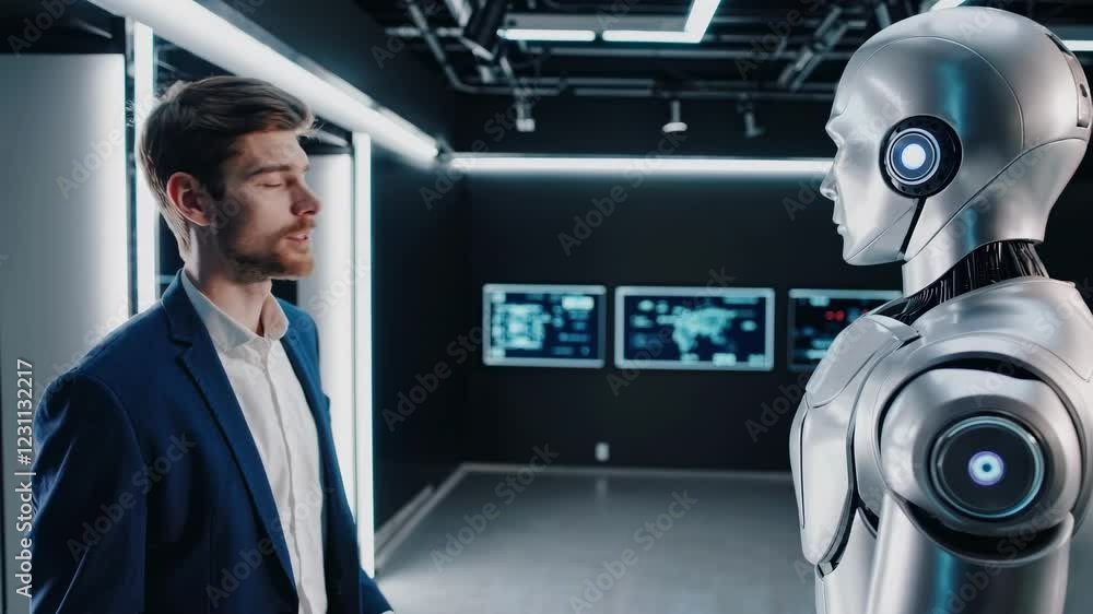 Poster futuristic video showcasing a human interacting with a robot in a high-tech lab, emphasizing innovat