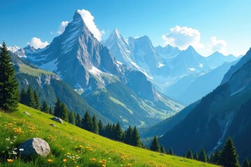 Towering peaks meet cerulean sky with wispy clouds in summer, mountains, blue sky, sunlight