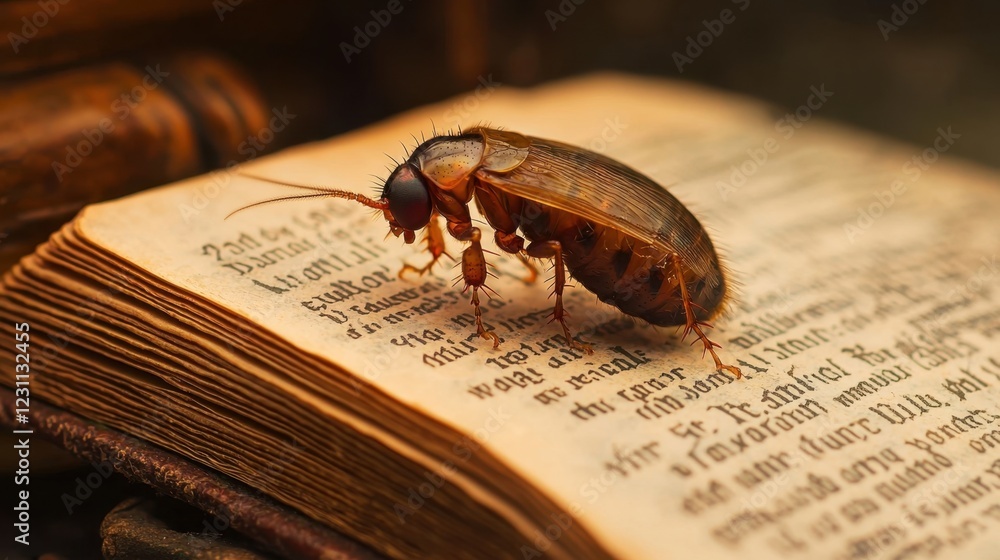 Poster Cockroach on Old Book with Text in Soft Focus Background