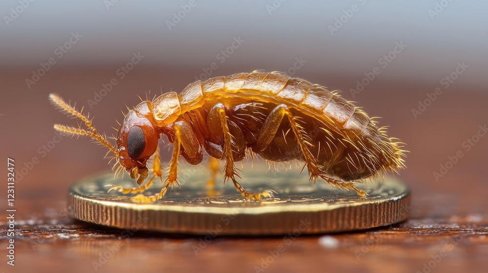 Poster macro shot of tiny insect on a coin with textured surface