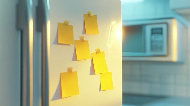 Yellow notes on fridge, kitchen background, planning, reminder