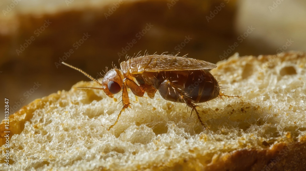 Poster close-up of a tiny insect on a slice of bread in natural light