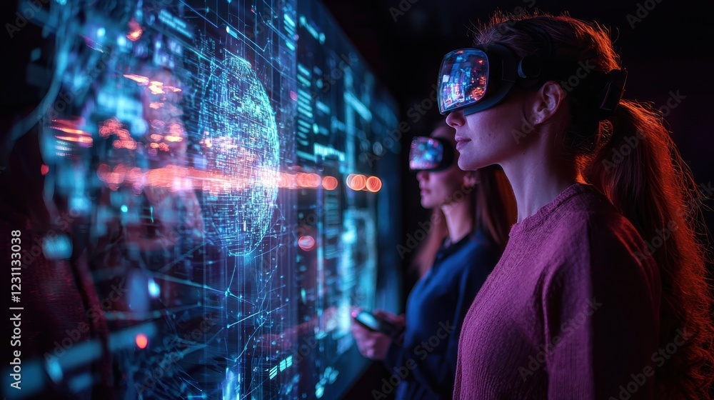 Poster three women are looking at a computer screen with a virtual reality headset on. generative ai