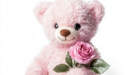 Obraz premium pink teddy bear holding a delicate rose in its paws, with a gentle smile, perfect for expressing love on special occasions