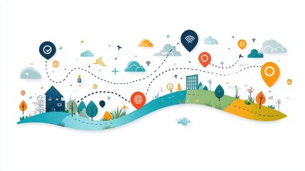 A colorful illustration of a city with a path that leads to a house. Generative AI