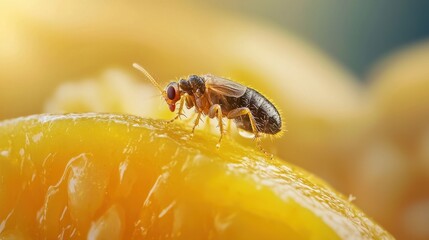 Close-up of Fruit Fly on Juicy Slice of Citrus Fruit