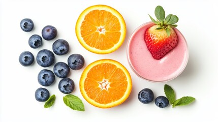 Strawberry blueberry and orange yogurt smoothie with Strawberry blueberry and orange fruit isolated on white background coffee shop cafe menu concept