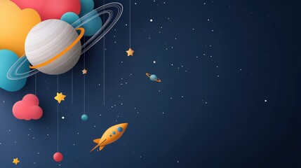 Naklejka premium A colorful drawing of a planet and a rocket in space