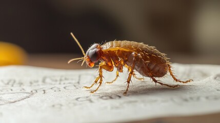 Obraz premium Close-up of Cockroach Crawling on Paper Surface in Natural Light