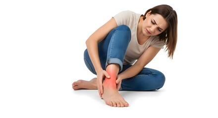 Fototapeta premium Young Caucasian Woman Holding Her Painful Ankle in Discomfort