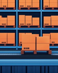 A warehouse scene featuring neatly stacked bright orange boxes on blue shelving, with some boxes placed on a pallet in the foreground.