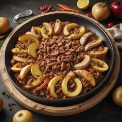 Plate with mince pork and potato ring mixture served hot from the oven , savory, cuisine