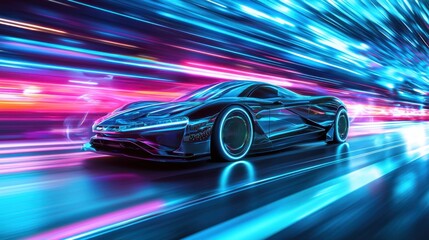 Dynamic Motion of a Futuristic Sports Car in Neon Lights