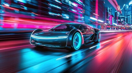 Fototapeta premium Futuristic Car Racing Through Neon Cityscape at Night