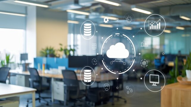 Cloud Computing in Modern Office Spaces: A Visual Representation of Data Storage, Transfer, and Analytics