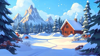 Naklejka premium Snowy Cabin Winter Wonderland: A Serene Mountain Escape