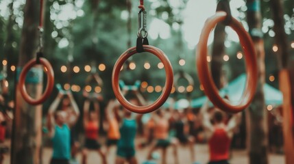 A Vibrant Outdoor Fitness Event Showcasing Enthusiastic Participants Engaging in Strength Training Exercises on Gymnastic Rings in a Lively and Natural Setting