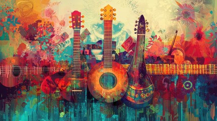 Obraz premium A colorful painting of three guitars and a mandolin. Generative AI