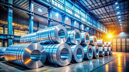 Fototapeta premium Cold Rolled Steel Coils Stored in Industrial Warehouse - Metal Industry Stock Photo