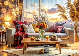 Cozy Living Room Interior Design: Double Exposure Stock Photo - Modern Home Decor