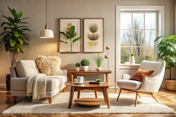 Cozy Living Room Interior Design with Boucle Armchair, Wooden Coffee Table & Mockup Poster Frame