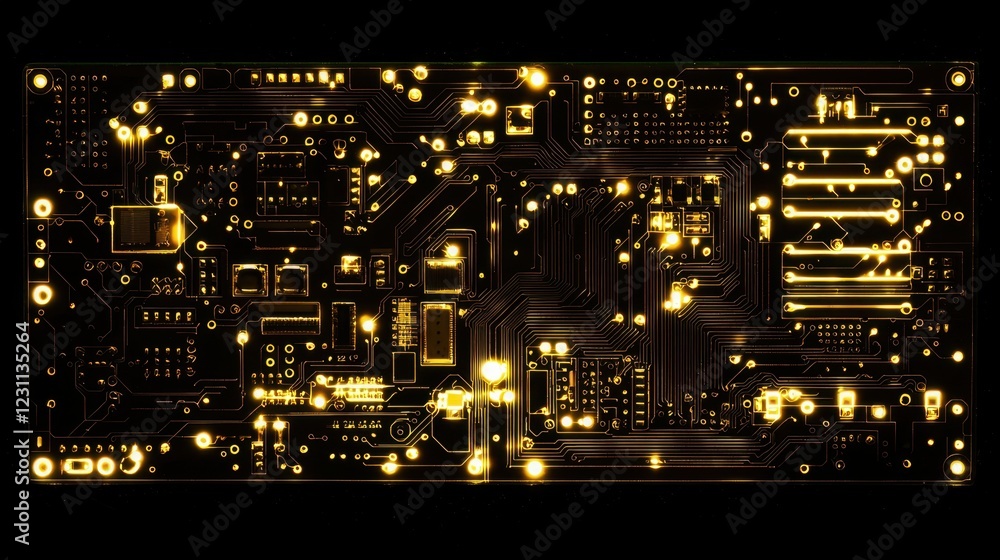 Poster abstract golden circuit board design with bright illuminated patterns
