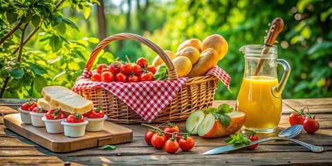 Eco-Friendly Picnic Basket on Bench with Food & Guitar