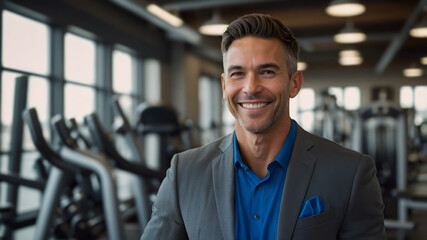 Obraz premium A smiling man in a suit stands in a gym, suggesting a fitness business owner or executive.