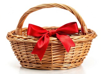 Empty Wicker Basket with Red Bow, Isolated on White Background - High Resolution Stock Photo