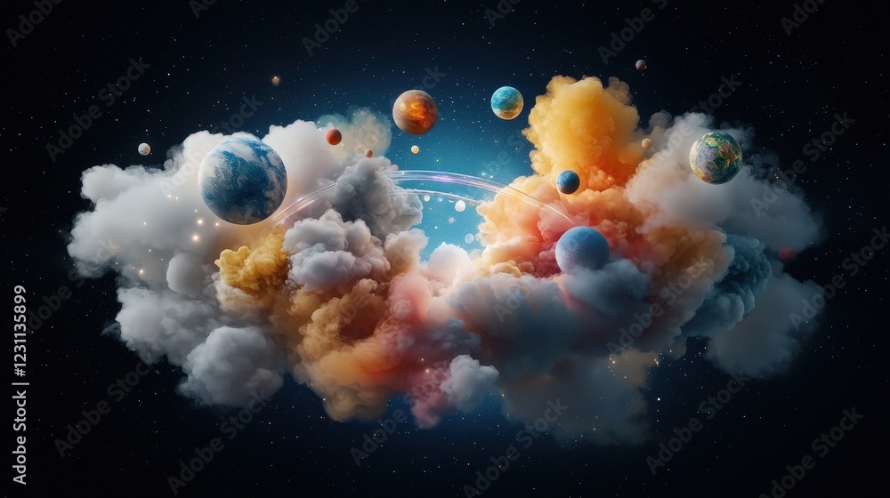 Wall mural a colorful cloud of gas and dust with a bunch of planets in it