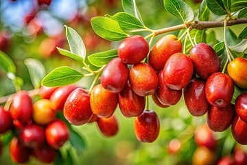 Fresh Jujubes: Vibrant Red Monkey Apples on Branch with Copy Space