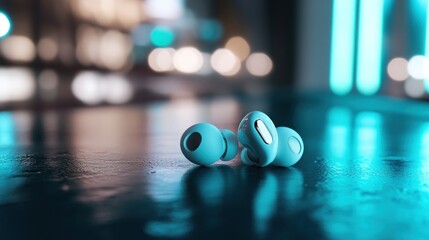 Wireless earbuds on table, city night background