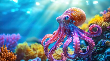 A large, colorful octopus is swimming in a coral reef. Generative AI