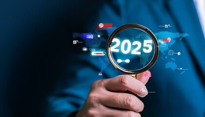 Trends 2025 year concept. Hand holding magnifying glass with 2025 trend searching 