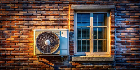 Jakarta Outdoor AC Unit on Brick Wall, August 2024 Stock Photo