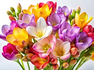 Naklejka premium Macro Photography of Freesia Flowers on White Background - Vibrant Spring Blooms