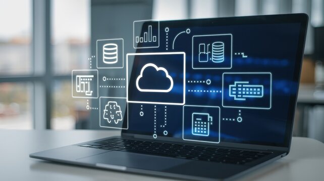 Cloud Computing Technology: A Laptop Displaying Data Storage, Network, and Server Icons