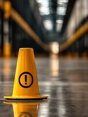 Procedures for fire safety. Yellow caution cone in a warehouse setting with blurred background.