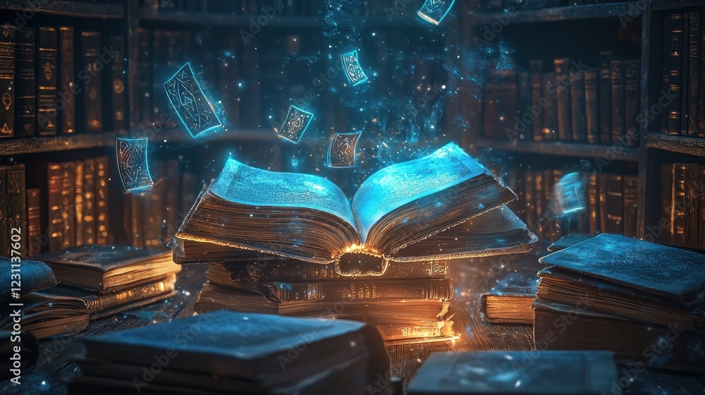 Poster enchanted open book with floating pages in a magical library