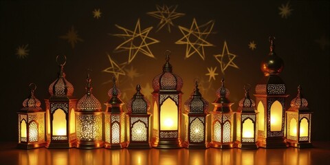 Obraz premium Intricate Moroccan Lanterns with Warm Golden Glow and Festive Atmosphere