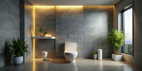 Modern Bathroom Interior: Ceramic White Toilet, Grey Wall, Side Lighting