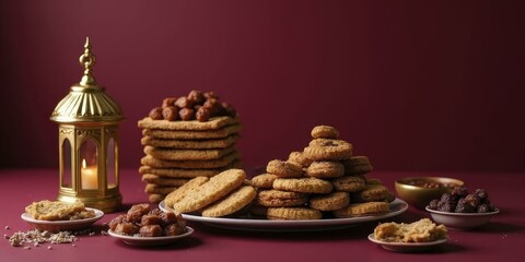 Traditional Ramadan Sweets with Lanterns, Dates, Biscuits, and Nuts
