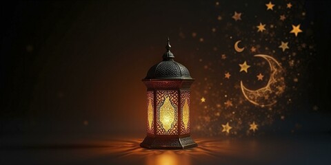 Fototapeta premium Ornate Lantern with Golden Light, Crescent Moon, and Stars for Ramadan