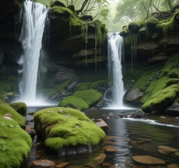 Serene waterfall flowing over moss-covered rocks, untouched nature, Nordic wonder, tranquil atmosphere, captivating beauty, landscape photography