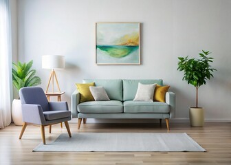 Modern Living Room Interior Design: Grey Sofa, Armchair, & Abstract Art
