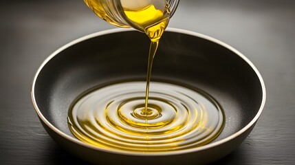 Olive Oil Pouring into Sizzling Frying Pan Creating Waves of Rich Flavor and Aroma in Kitchen Setting