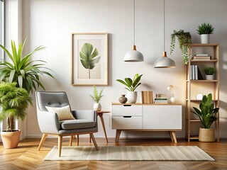 Modern White Living Room Interior Design Mockup with Armchair, Poster Frame, and Plants