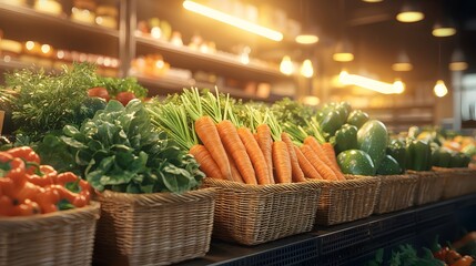 Vibrant Fresh Produce Display in Baskets at Grocery Store with Colorful Vegetables and Natural Light
