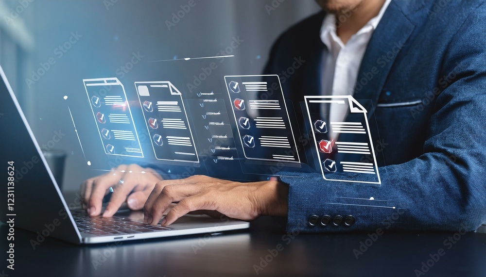 Poster businessman touching screen. document review and quality control process. businessman using laptop, 