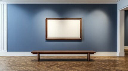 Empty art frame in gallery, hardwood floor, blue wall